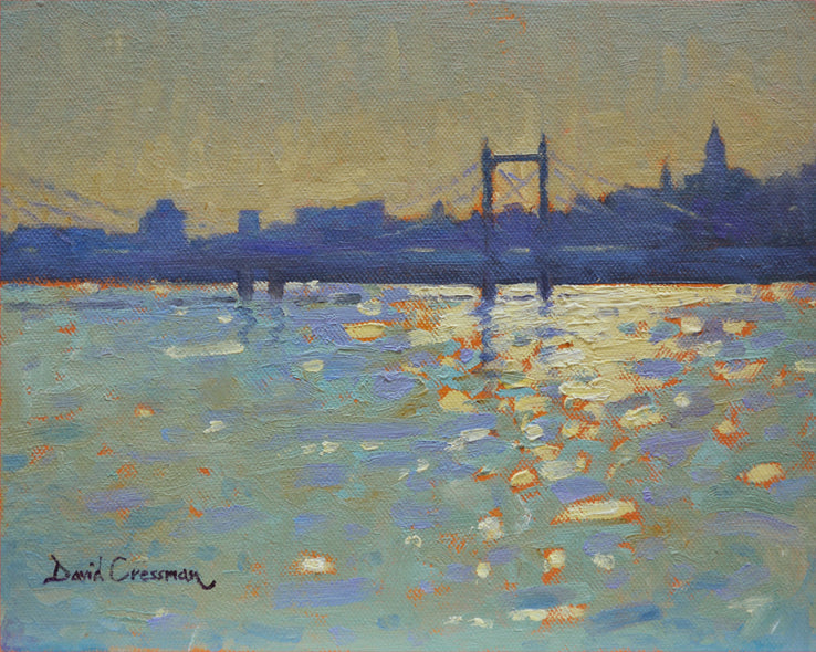 Original oil painting for sale by David Cressman. A landscape depicting moving water, and a hazy cityscape horizon line, painted in a French Impressionist style with the Albert Bridge dividing the canvas. Main colors are cool blues, and dusty oranges with bright hues of sunlight dancing over the water. Painting priced at $1,170.00 US