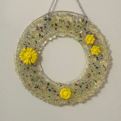 Gail Perry #459 Title: Iridescent Glass Wreath with Yellow Flowers