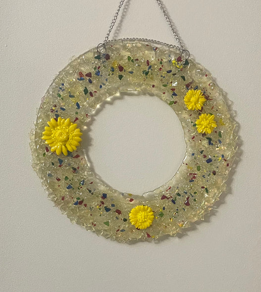 Gail Perry #459 Title: Iridescent Glass Wreath with Yellow Flowers
