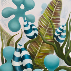 Emma Knight Title: Blue Striped Pincer Blossoms with Banana Leaf