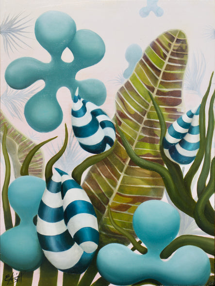 Emma Knight Title: Blue Striped Pincer Blossoms with Banana Leaf