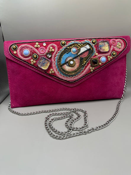Jody Bryan Title: Fuchsia Abstract Bead Embroidered Clutch Purse
