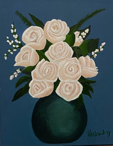 Pam Weisberg Title: White Roses in a Blue Vase