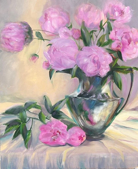 Renee L Gleason Title: Pink Peonies in a Silver Pitcher