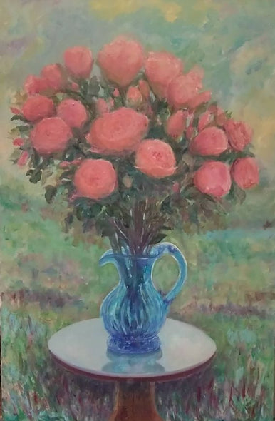 Rosemary Duda Title: Pink Roses in Blue Pitcher