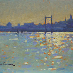 Original oil painting for sale by David Cressman. A landscape depicting moving water, and a hazy cityscape horizon line, painted in a French Impressionist style with the Albert Bridge dividing the canvas. Main colors are cool blues, and dusty oranges with bright hues of sunlight dancing over the water. Painting priced at $1,170.00 US