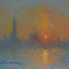 Beautiful oil painting depicting the rising sun with diagonal brush strokes in an French Impressionist style. Colors range from dusty yellows, cool blues, to fire orange as the sun rises. 