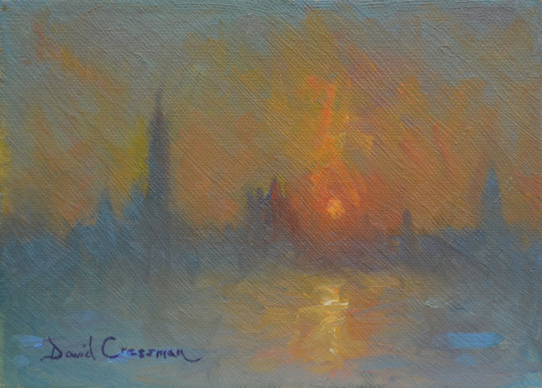 Beautiful oil painting depicting the rising sun with diagonal brush strokes in an French Impressionist style. Colors range from dusty yellows, cool blues, to fire orange as the sun rises. 