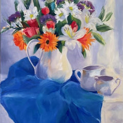 Renee L Gleason Title: Flowers With Blue Cloth and Pitchers