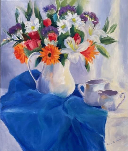 Renee L Gleason Title: Flowers With Blue Cloth and Pitchers