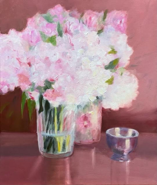 Renee L Gleason Title: Pink and White Hydrangeas with Silver Bowl