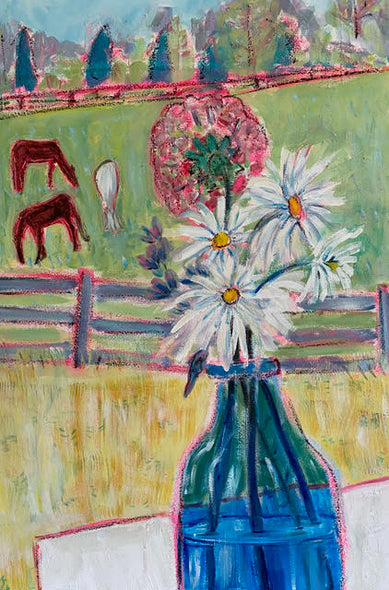 Susan Cary Title: Blue Bottle, Flowers, and Horses